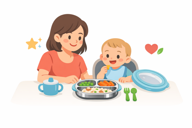 An adult and a child sit at a table with a meal, including vegetables on an innobaby din din plate, as the child eats and the adult smiles.