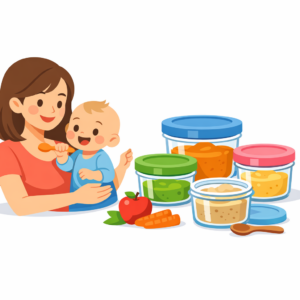 An adult feeds a smiling baby with a spoon, surrounded by best glass baby food storage containers, a carrot, an apple, and a wooden spoon on a white background.