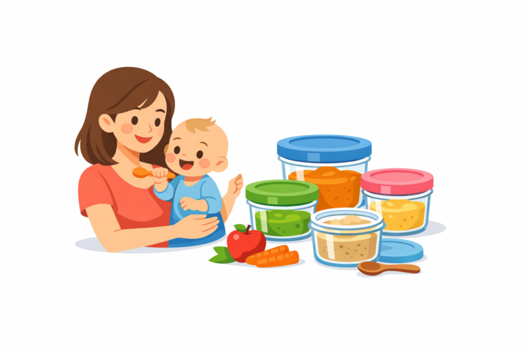 An adult feeds a smiling baby with a spoon, surrounded by best glass baby food storage containers, a carrot, an apple, and a wooden spoon on a white background.