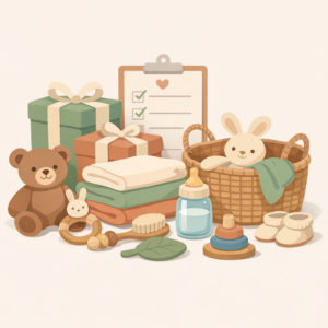 A collection of baby items including toys, bottles, towels, wrapped gifts, a clipboard with the best baby registry checklist 2025, and a basket with a stuffed bunny.