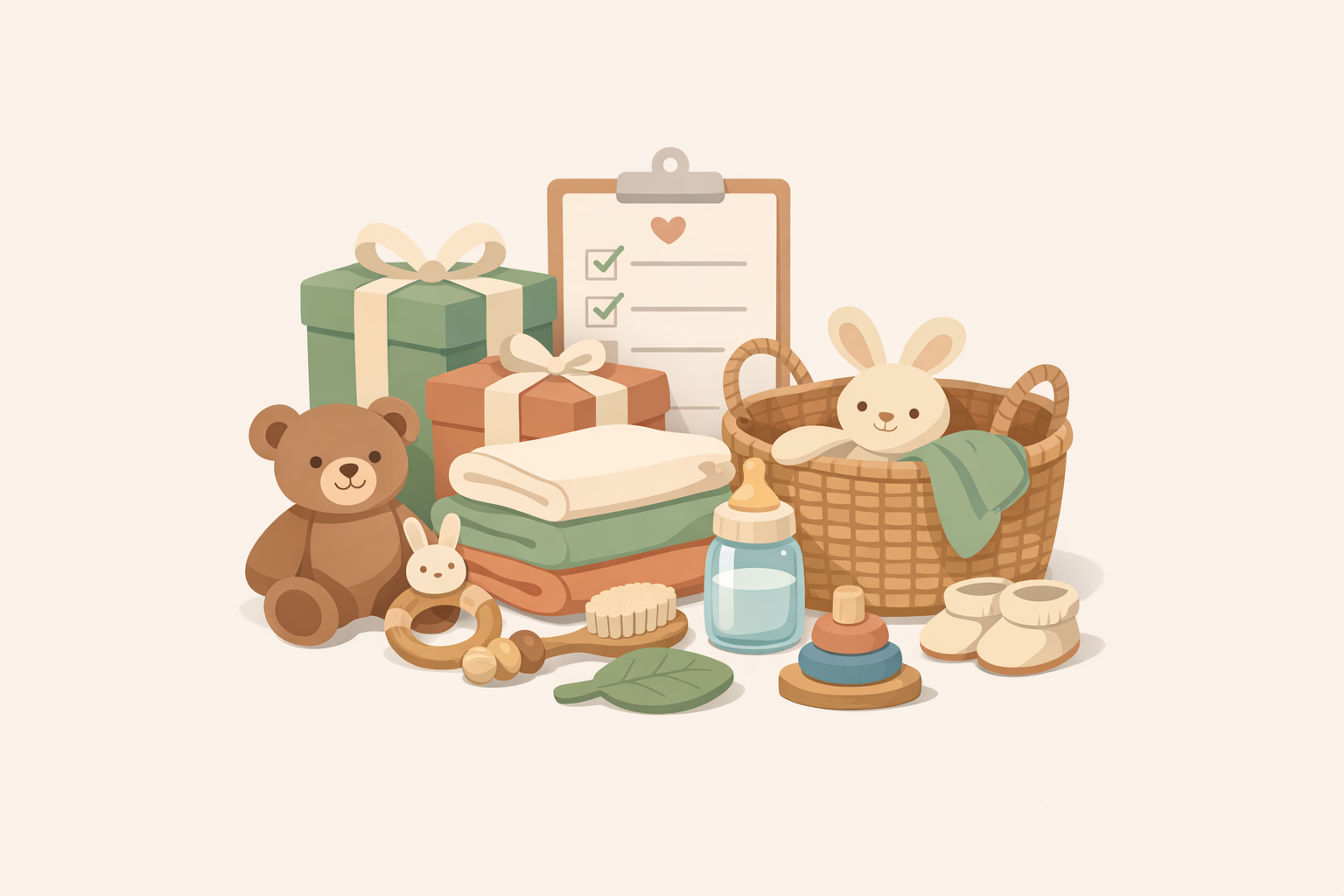 A collection of baby items including toys, bottles, towels, wrapped gifts, a clipboard with the best baby registry checklist 2025, and a basket with a stuffed bunny.